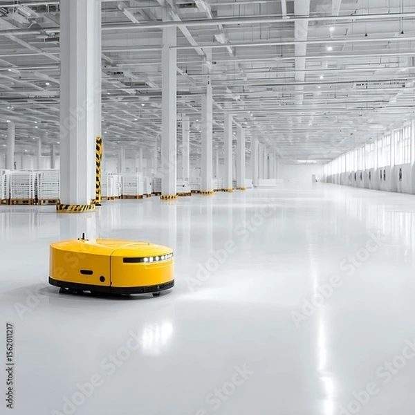 Fototapeta Warehouse automation robot navigating white floor with white background
