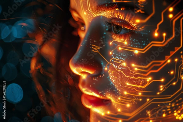 Fototapeta Glowing circuit board projection overlay half face beautiful woman on dark background with free space, copy space.