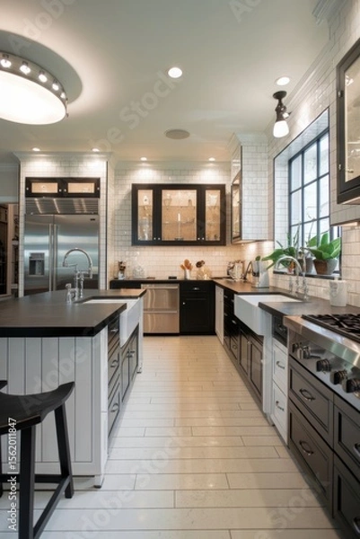 Fototapeta A wide-angle view of a modern, chic kitchen featuring sleek countertops, minimalistic cabinetry, and contemporary appliances, all designed to create a stylish and functional cooking space.