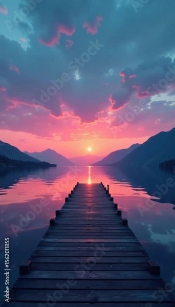 Fototapeta Tranquil dusk, minimalist dock on still water, minimalist design, water reflection, nature scene