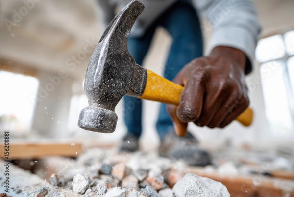Obraz worker using hammer home renovation