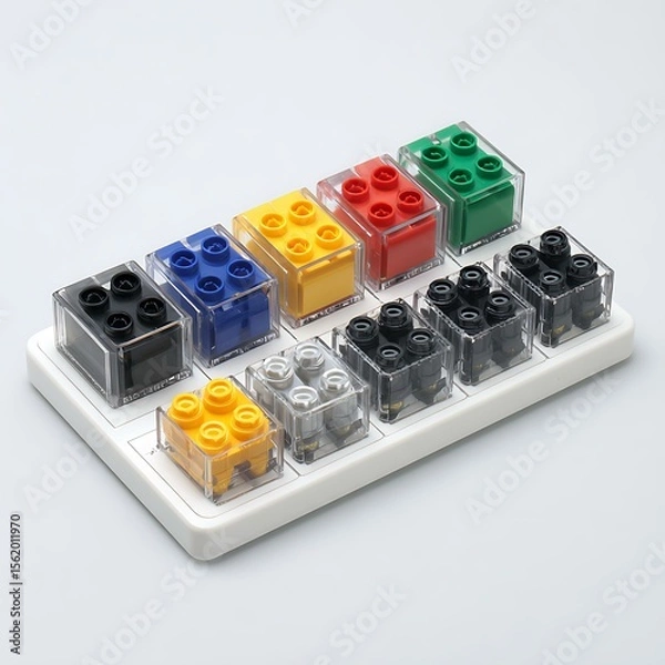 Fototapeta Modular factory control blocks on white desk with white background