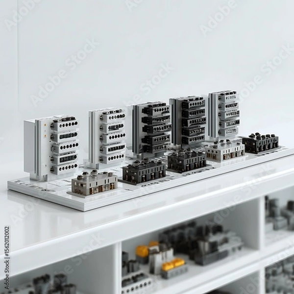 Fototapeta Modular factory control blocks on white desk with white background