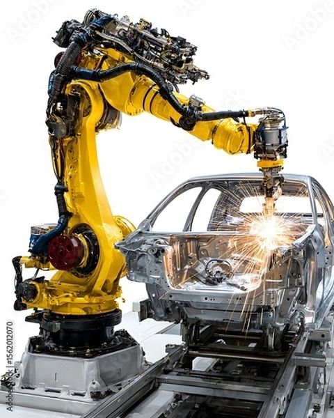 Fototapeta Modern robotic system welding automotive parts in controlled space with white background