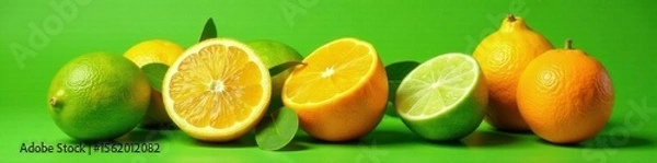 Fototapeta Vibrant citrus fruits, lime, lemon, orange, grapefruit on green background, wellness, lime
