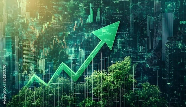 Fototapeta A green arrow pointing upwards, symbolizing tree-like growth, and surrounded by upward arrows on the digital chart.