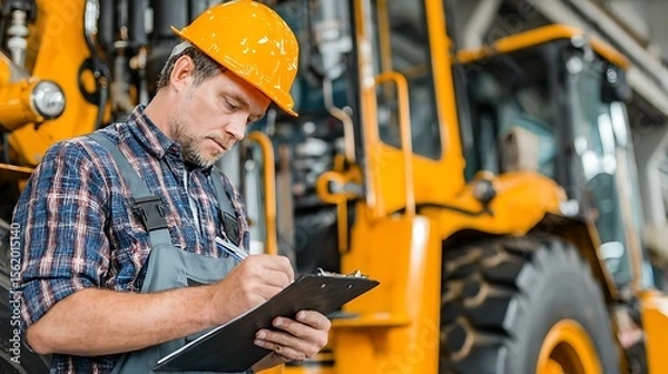 Fototapeta Operator writing on maintenance checklist beside machine with white background