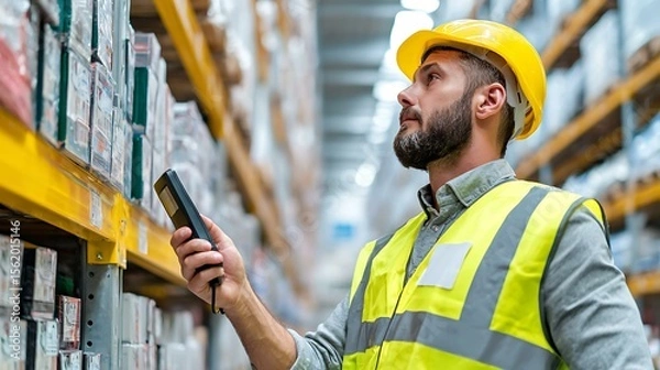 Fototapeta Operator using barcode scanner for parts tracking with white background