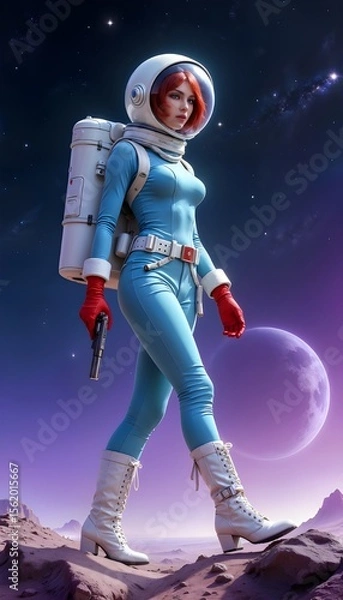 Obraz Red-Haired Astronaut in Retro Blue Suit Explores Alien Landscape with Pistol