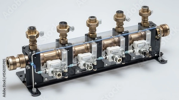 Fototapeta Flow sensors installed on test jig with tubing with white background
