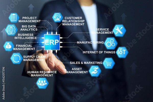 Fototapeta ERP soft ware concept with businessman pointing on microchip enterprise resources planning to operation management in manufacture