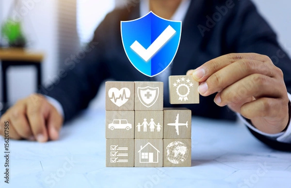 Fototapeta Insurance concept with businessman arranging a wooden dice about health asset and life insurance to promote customer trust in the company quality