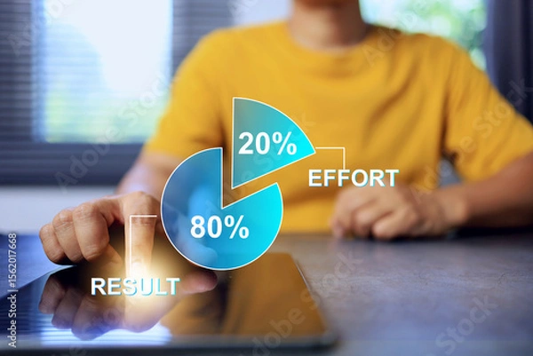 Fototapeta Pareto principle 80 of results 20 of effort that a small inputs yields a large amount of output can be applied to business goals and time management with a man take result on the working table