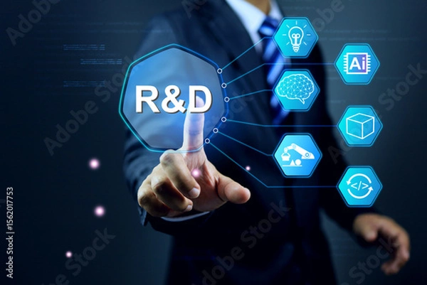 Fototapeta Research and development concept with manager  pointing on r and d system process to continue product improvement and development