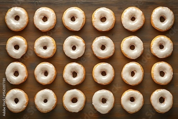 Fototapeta A grid of frosted doughnuts arranged in rows on an oak table, seen from above. The doughnuts have a glossy white sheen and appear to have turned yellow or slightly stale over time.