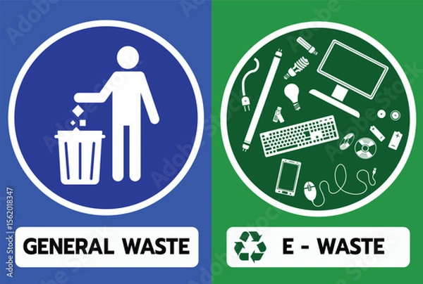 Fototapeta Vector sign illustrating separation of general waste and electronic waste with simple icons for environmental awareness and proper disposal.