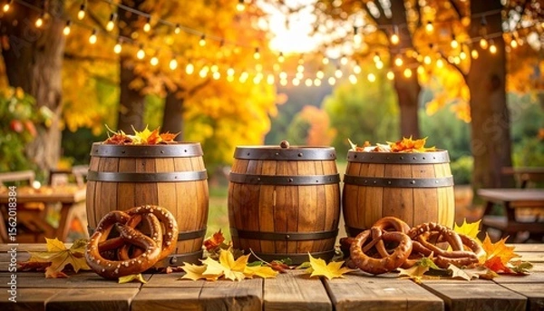 Fototapeta Traditional Wooden Beer Barrels with Pretzels and Fall Leaves on Rustic Tables Beneath Festoon Lights, Set Against a Vibrant Fall Foliage Background in a Cozy Autumn Setting