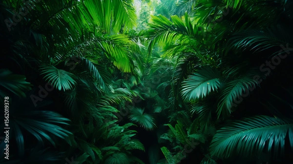 Fototapeta Dense Tropical Jungle with Lush Green Foliage and Palm Leaves 