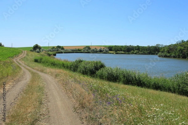 Obraz A dirt road next to a body of water
