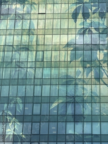 Obraz Glass building facade reflecting tree leaves and natural greenery. Urban nature contrast, great for eco-architecture and environmental city design visuals