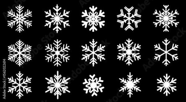 Fototapeta Black and white set of intricate snowflake vector icons for cold season and holiday themed graphic designs