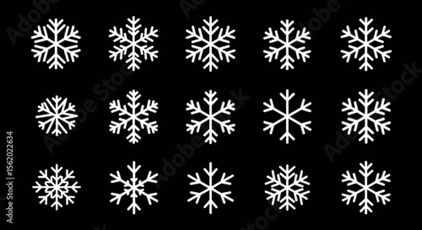 Fototapeta Collection of geometric snowflake vector designs in monochrome black and white, ideal for winter visuals and patterns