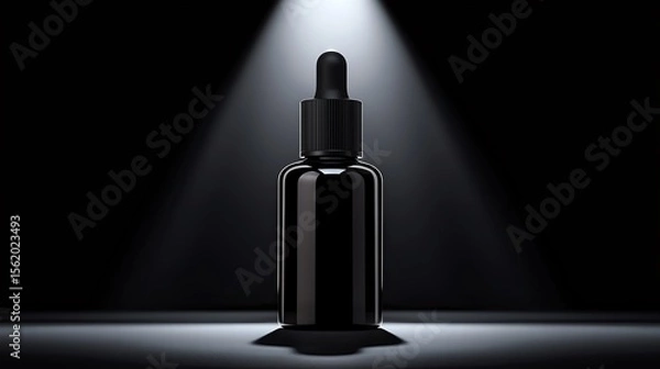 Obraz luxury hair serum flatlay in monochrome tone with black bottle, minimalist setup and spotlight contrast on center product