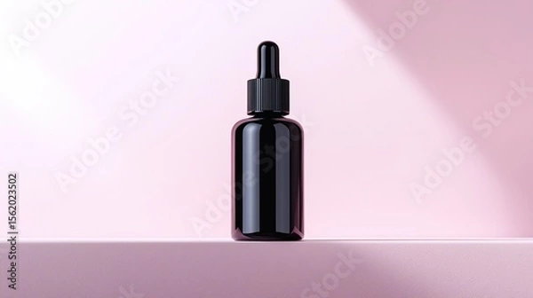 Obraz luxury hair serum flatlay in monochrome tone with black bottle, minimalist setup and spotlight contrast on center product