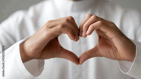 Obraz Close Up of Muslim Hands, Fingers Forming Heart Symbol / Love Gesture : Suitable for Be Used in Blog Posts, Social Media Posts or Website Content Related to People, Lifestyle & Love Theme.	