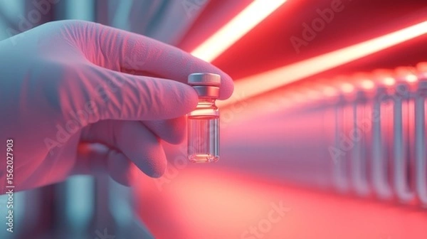 Fototapeta Symbolize of restricted lab. Hand holding a vaccine vial under neon lights.