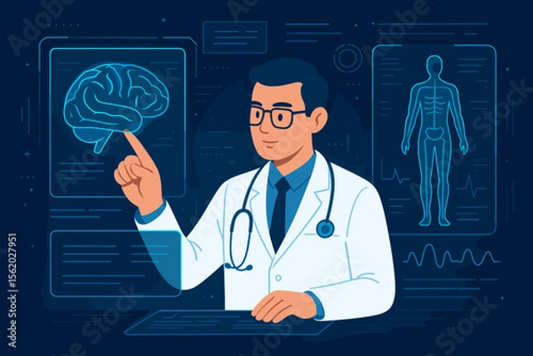 Fototapeta Doctor or neurologist analyzing brain scan on a futuristic holographic interface. Male surgeon examining human anatomy and patient test results on a virtual screen. Medical diagnosis.