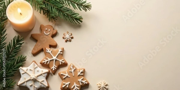 Fototapeta A Festive Arrangement of Delicious Gingerbread Cookies, a Lit Candle, and Fragrant Evergreen Branches on a Warm Beige Background