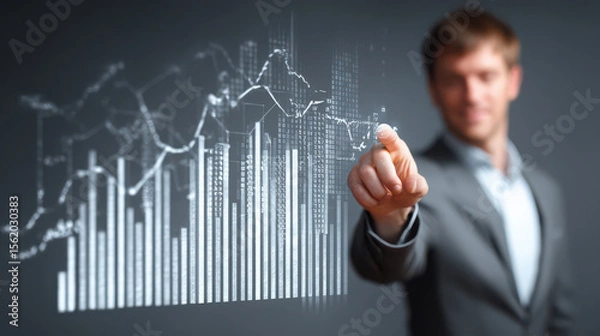 Fototapeta Businessman using laptop computer analyzing financial data chart