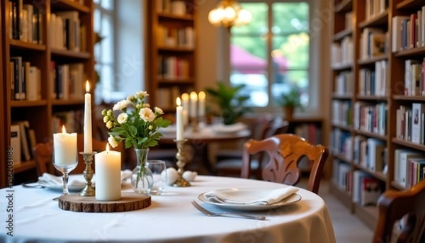 Fototapeta cozy bookshop dinner table surrounded by candles and blurred bookshelves bokeh.
