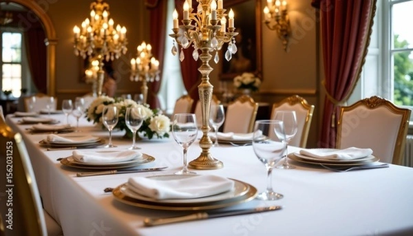 Fototapeta elegant manor dinner table with gold rimmed plates, candelabra, and royal bokeh.