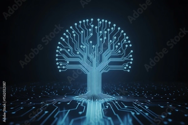 Fototapeta Abstract glowing blue circuit board forming a tree shape with illuminated nodes against a dark background symbolizing technology and growth