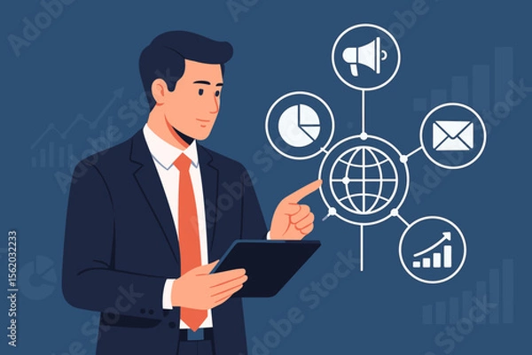 Fototapeta Digital marketing concept. Businessman with tablet analyzing sales data. Global business strategy, financial growth graph, investment analytics. Network connection technology vector.