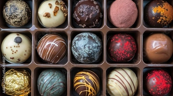 Fototapeta A variety of gourmet chocolates arranged in a box. The chocolates feature different colors and textures, showcasing a range of flavors and designs.