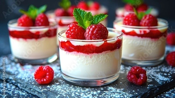 Fototapeta Delicious raspberry panna cotta served in small glass cups. Each dessert is topped with fresh raspberries and mint leaves, placed on a dark slate surface.