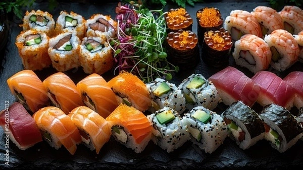 Fototapeta A variety of sushi rolls arranged on a black slate platter. Includes salmon, tuna, and vegetable rolls, garnished with sprouts and fish roe.