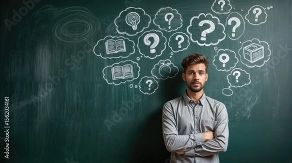 Fototapeta Young man with brown hair stands in front of a chalkboard filled with question marks and thought bubbles. He appears thoughtful and contemplative.