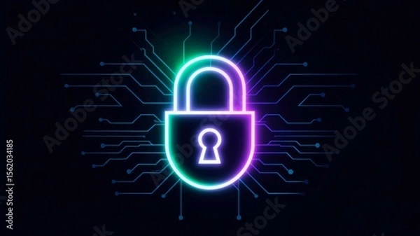 Fototapeta A glowing padlock icon with a keyhole, surrounded by digital circuit patterns. The design represents cybersecurity and data protection concepts.