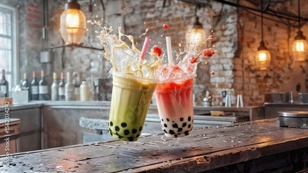 Fototapeta Two colorful bubble tea drinks with splashes, one green matcha and one red strawberry, placed on a rustic wooden bar in a cozy cafe setting.
