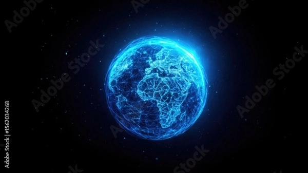 Fototapeta A digital representation of Earth with glowing blue lines and a dark background. The continents are visible, showcasing a network of connections.