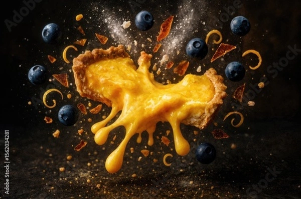 Fototapeta A splashing lemon tart with a golden filling, surrounded by blueberries and caramel pieces, creating a dynamic and vibrant food scene.