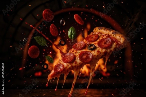 Fototapeta A slice of pepperoni pizza with melted cheese and fresh basil, suspended in mid-air against a backdrop of a wood-fired oven with flames.