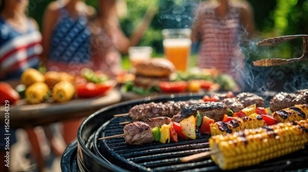 Fototapeta Grilled meat and vegetables on a barbecue. Background features diverse people enjoying a summer gathering with drinks and food.