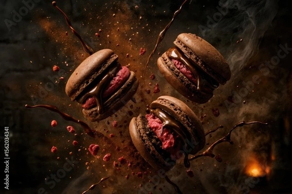Fototapeta Three chocolate macarons with raspberry filling are suspended in mid-air. The background features a dark, smoky atmosphere with scattered crumbs.
