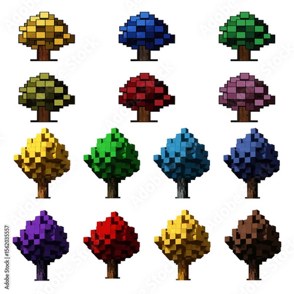 Fototapeta Pixel art tree in vibrant retro game style geometric fantasy design.