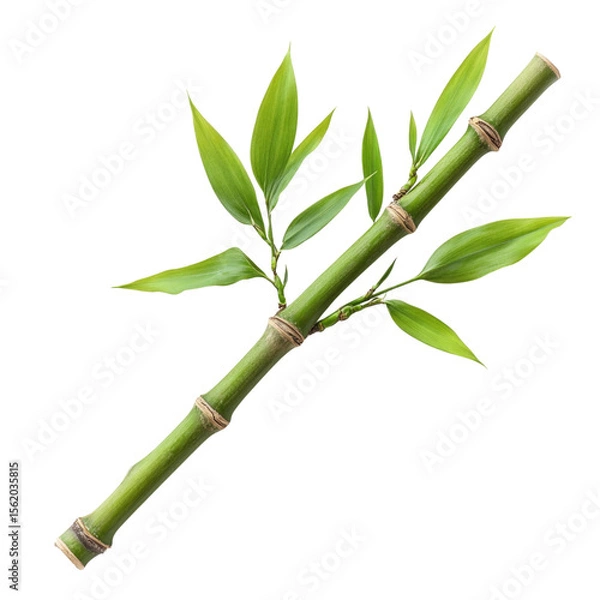 Fototapeta Green bamboo plant branch with vibrant leaves isolated on a transparent background, cutout PNG